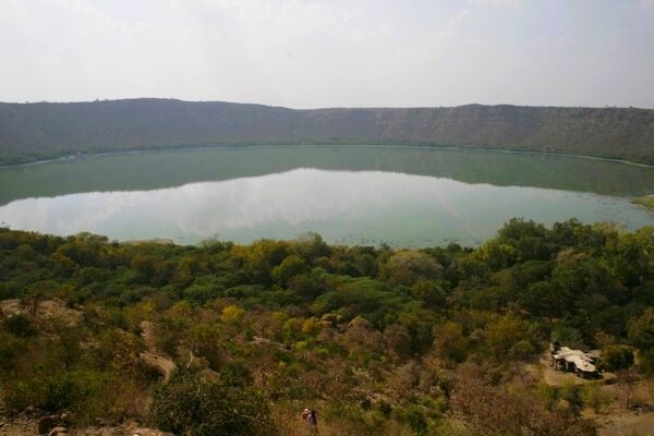 View of the Lonar Crater, now a lake in India.